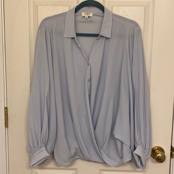 Umgee Collared Button Up Split Neck Surplice Top with Bishop Sleeves - Picture 1 of 9